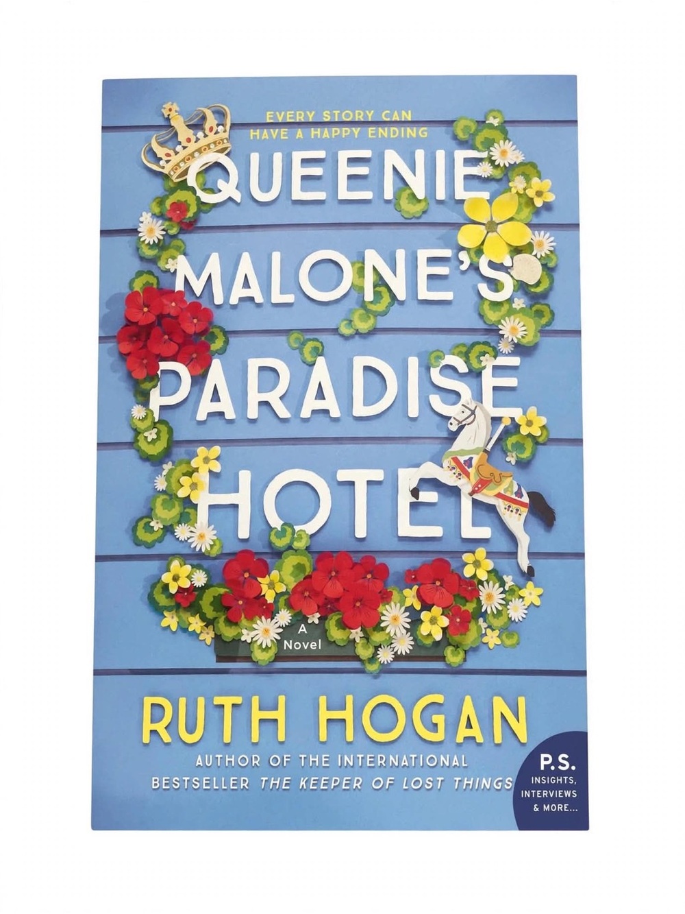 “Queenie Malone’s Paradise Hotel”Blue Multicolor Floral & Carousel Horse Artwork